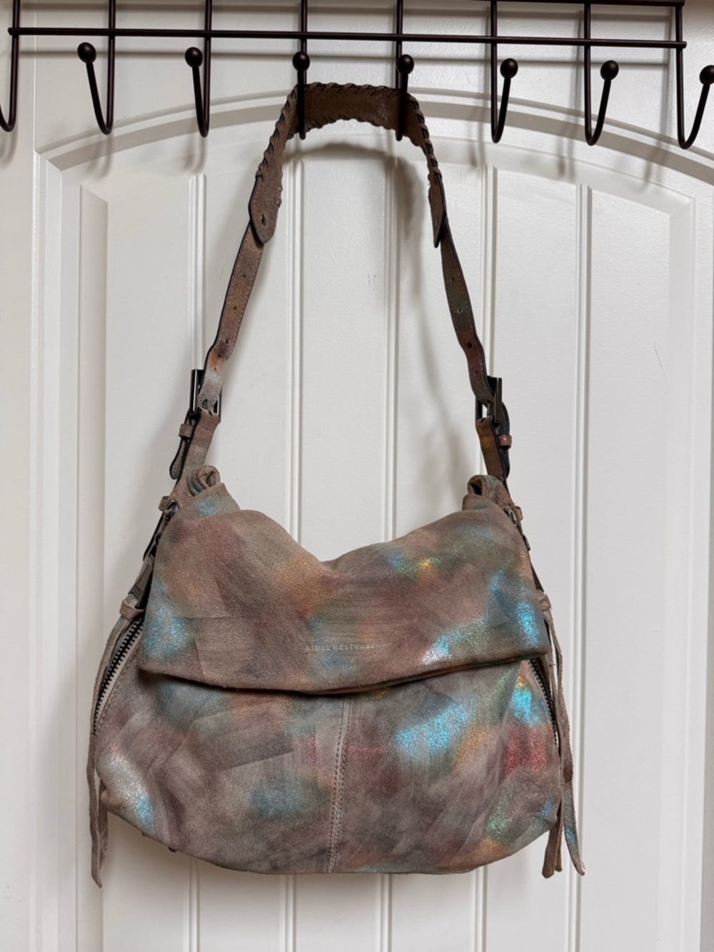 Aimee Kestenberg Bali Hobo in Rainbow Metallic Leather. 12” by 8” by 4”